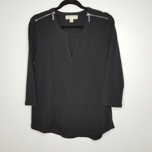 Michael Kors Black Crew V Neck Zip Shoulder Shirt
